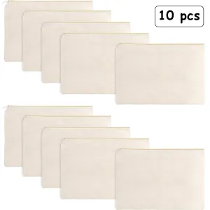 10 Pieces Cosmetic Canvas Pouch Bag Multipurpose Makeup Bag with Zipper Cotton Canvas Travel Toiletry Pouch DIY Craft(M,Beige)