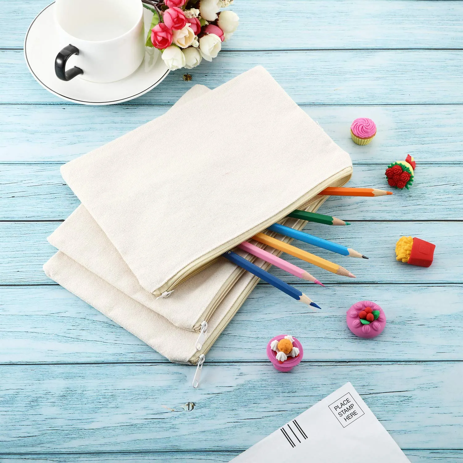 10 Pieces Cosmetic Canvas Pouch Bag Multipurpose Makeup Bag with Zipper Cotton Canvas Travel Toiletry Pouch DIY Craft(M,Beige)