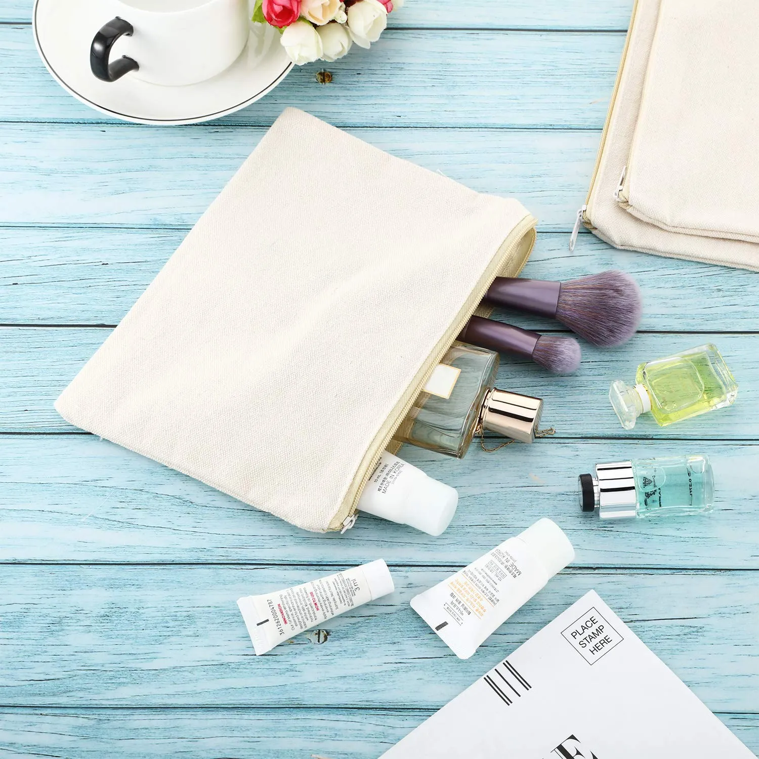 10 Pieces Cosmetic Canvas Pouch Bag Multipurpose Makeup Bag with Zipper Cotton Canvas Travel Toiletry Pouch DIY Craft(M,Beige)