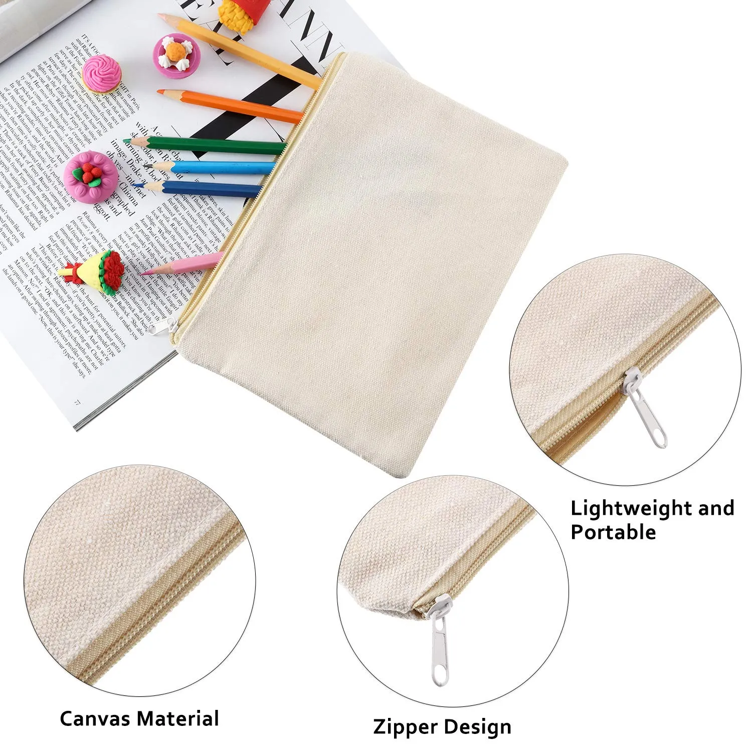 10 Pieces Cosmetic Canvas Pouch Bag Multipurpose Makeup Bag with Zipper Cotton Canvas Travel Toiletry Pouch DIY Craft(M,Beige)
