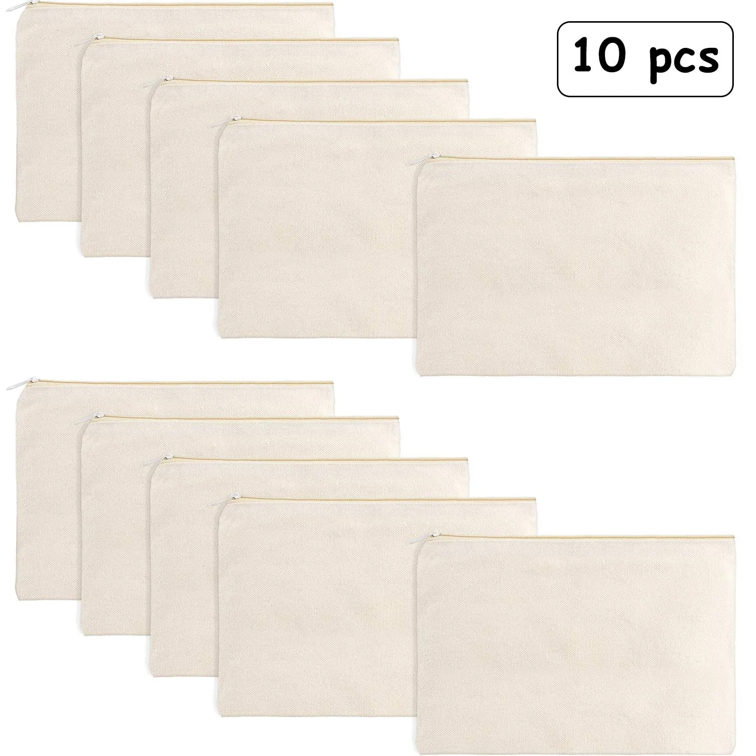 10 Pieces Cosmetic Canvas Pouch Bag Multipurpose Makeup Bag with Zipper Cotton Canvas Travel Toiletry Pouch DIY Craft(M,Beige)