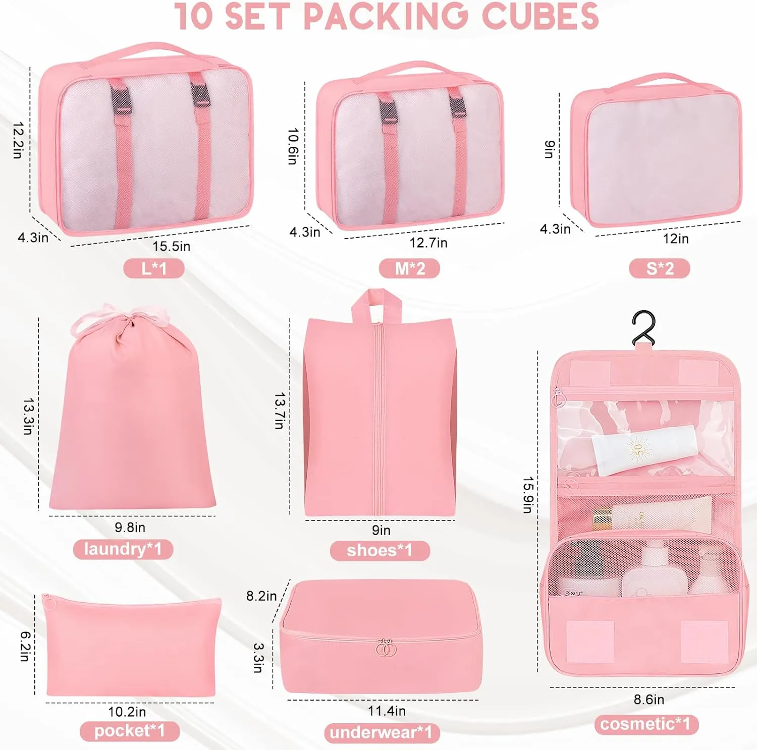10 Set Packing Cubes for Travel, Luggage Organizer Bags with Hanging Toiletry Bag and Shoe Bag, Travel Packing Cubes for Carry on Suitcase Luggage Accessories Vacation Essentials (Black)