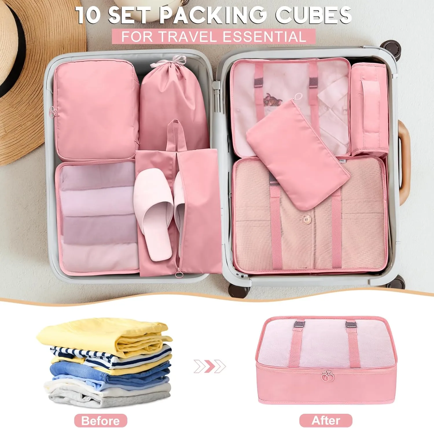10 Set Packing Cubes for Travel, Luggage Organizer Bags with Hanging Toiletry Bag and Shoe Bag, Travel Packing Cubes for Carry on Suitcase Luggage Accessories Vacation Essentials (Black)