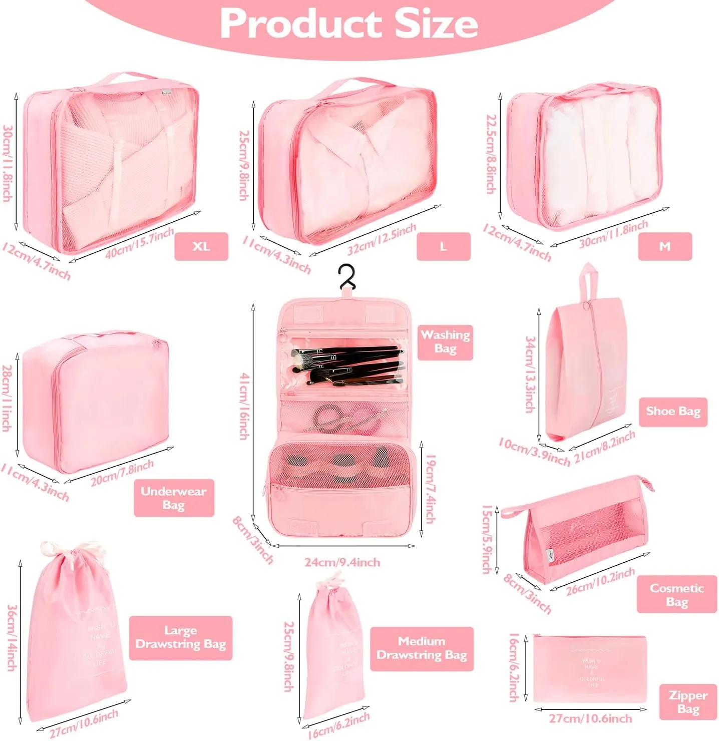10 Set Packing Cubes - Pink Suitcase Organizer with Mesh Breathable Luggage Organizer Bags for Packing Travel Essentials