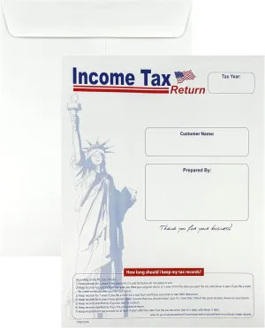 100 Cashier Depot Income Tax Return Envelope for Customers, 9" x 12", Lady Liberty Design, Sturdy 28lb. White Paper, 100 Envelopes
