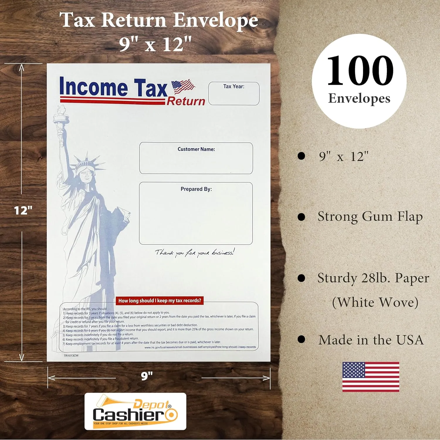 100 Cashier Depot Income Tax Return Envelope for Customers, 9" x 12", Lady Liberty Design, Sturdy 28lb. White Paper, 100 Envelopes