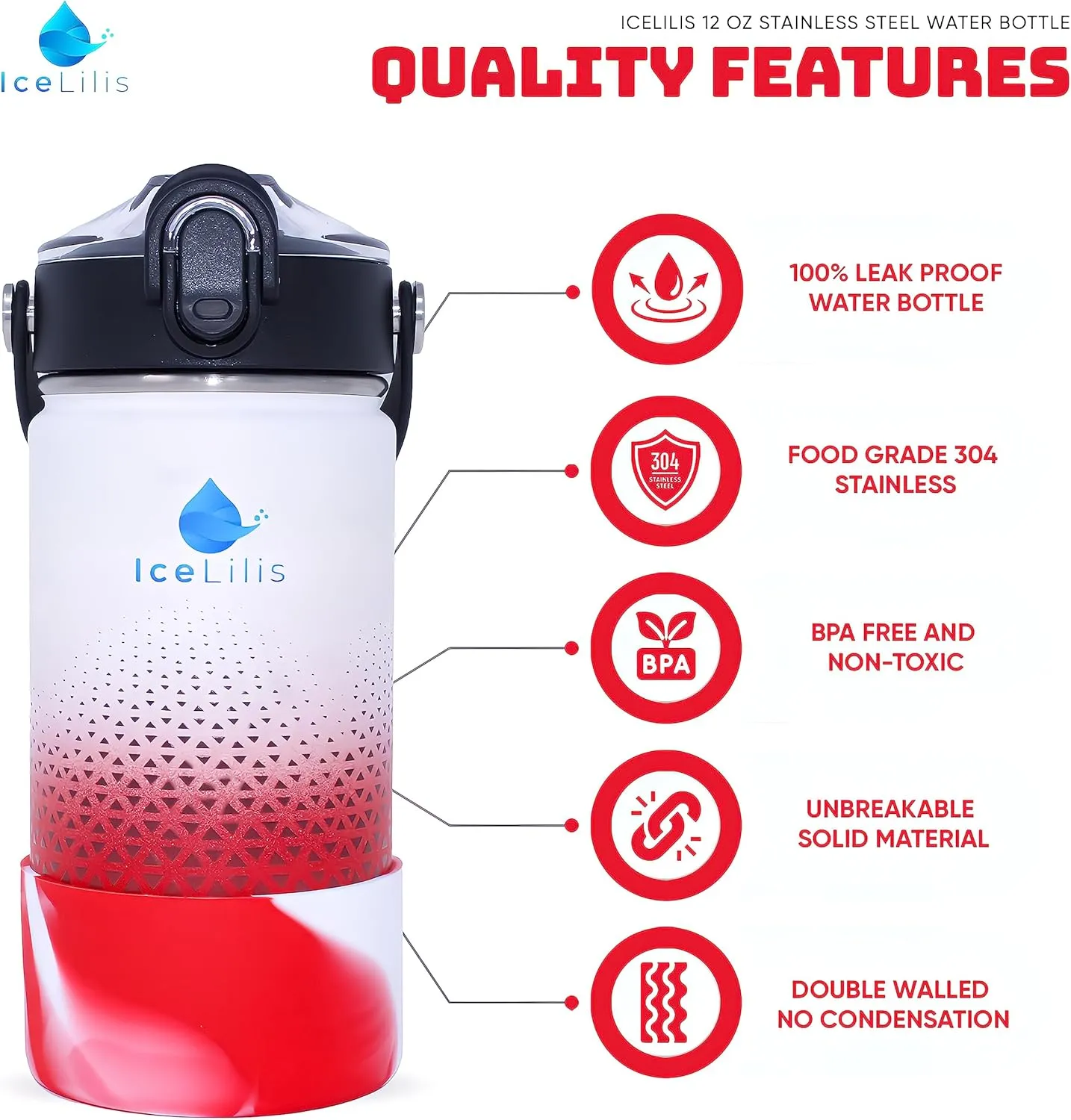 12 Oz Small Stainless Steel Water Bottle - Fits Cup Holders - Straw Lid - Ideal Gift - Insulated, BPA-Free, Leakproof - For School, Kids, Outdoor & Everyday (Crimson Crest)