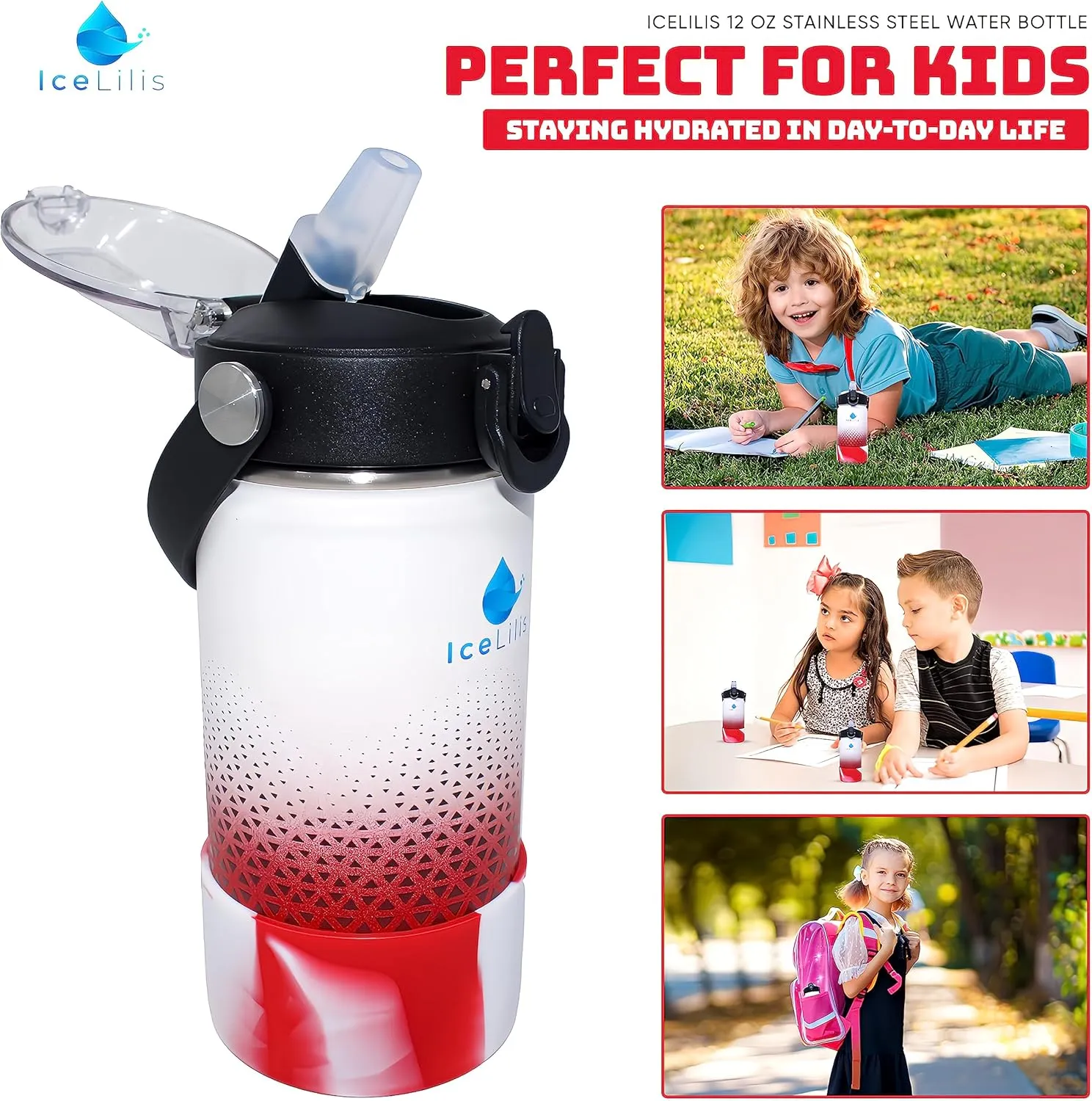 12 Oz Small Stainless Steel Water Bottle - Fits Cup Holders - Straw Lid - Ideal Gift - Insulated, BPA-Free, Leakproof - For School, Kids, Outdoor & Everyday (Crimson Crest)