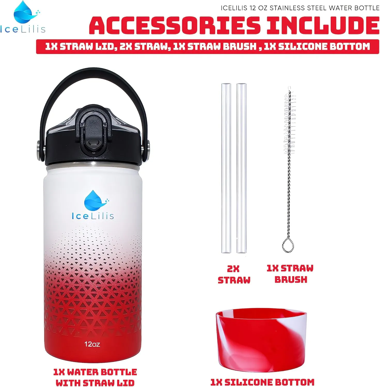 12 Oz Small Stainless Steel Water Bottle - Fits Cup Holders - Straw Lid - Ideal Gift - Insulated, BPA-Free, Leakproof - For School, Kids, Outdoor & Everyday (Crimson Crest)
