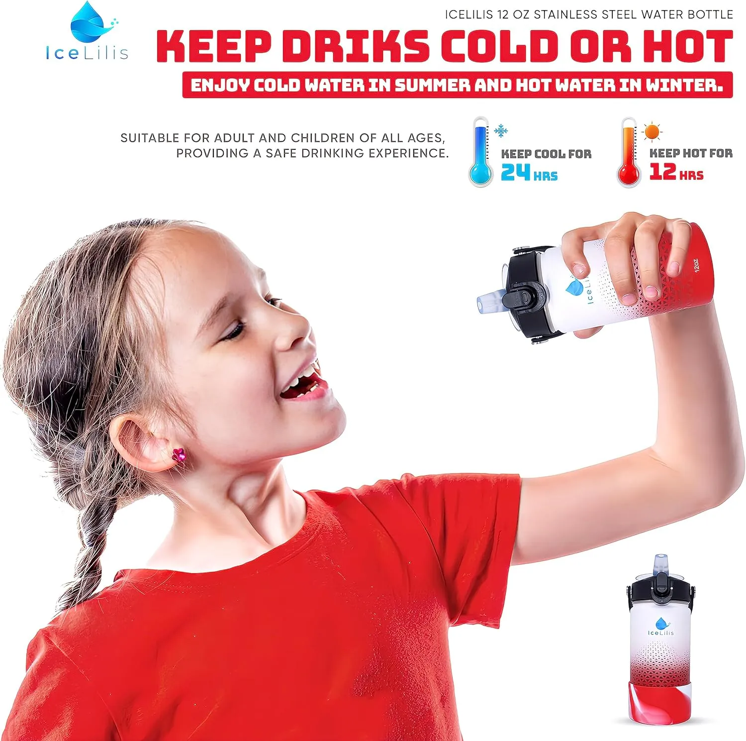 12 Oz Small Stainless Steel Water Bottle - Fits Cup Holders - Straw Lid - Ideal Gift - Insulated, BPA-Free, Leakproof - For School, Kids, Outdoor & Everyday (Crimson Crest)