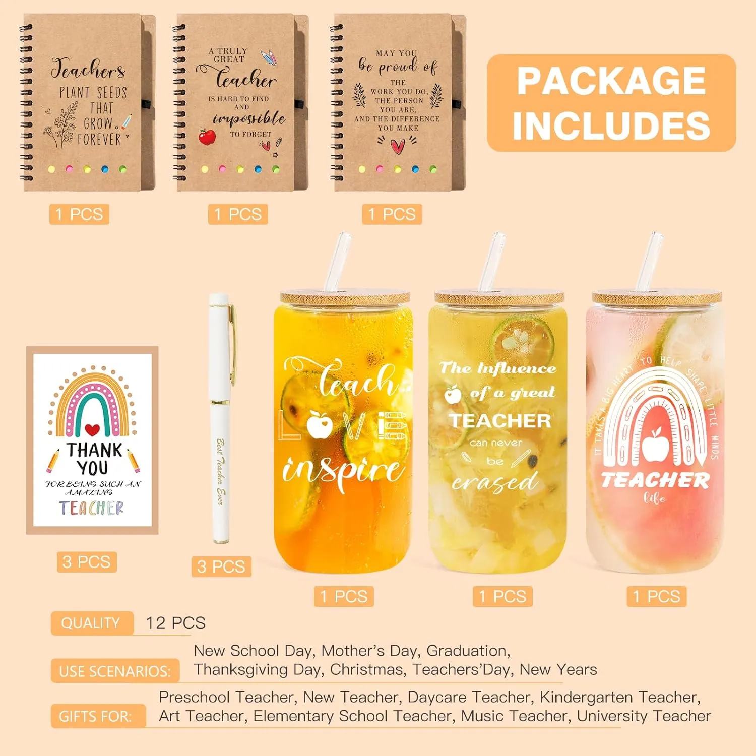 12 Pcs Teacher Appreciation Gifts Bulk - Best Teacher Gift, Thank You You For Appreciation Week Birthday & Back To School, Thank You Gifts for Women 16 oz Coffee Drinking Jars
