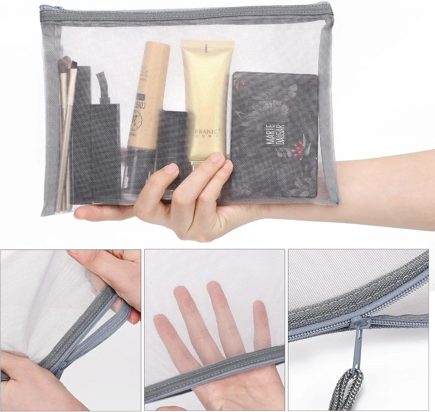 12 Pieces Zipper Nylon Mesh Pouch, Mesh Cosmetic Bags Makeup Bags Pencil Case, Multipurpose Travel Bags for Cosmetic School Office Supplies and Travel Accessories (Black,White,Grey, A5)