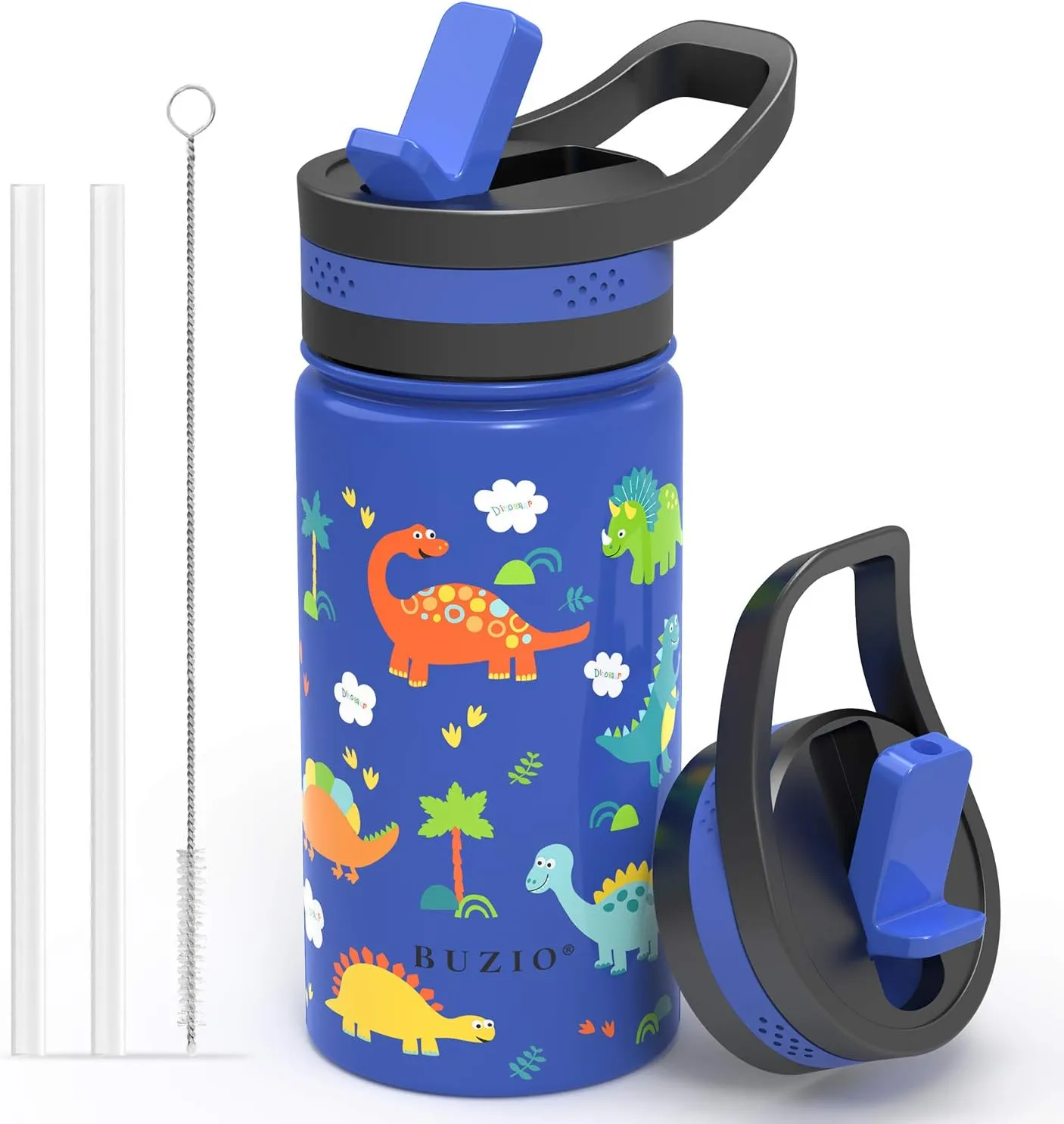 14oz Kids Insulated Water Bottle with 2 Tritan Straw Lids, BUZIO Toddlers Stainless Steel Bottle, Double Walled Wide Mouth Sports Drink Flask Simple Thermo Canteen Cup, with Blue Dinosaur Park