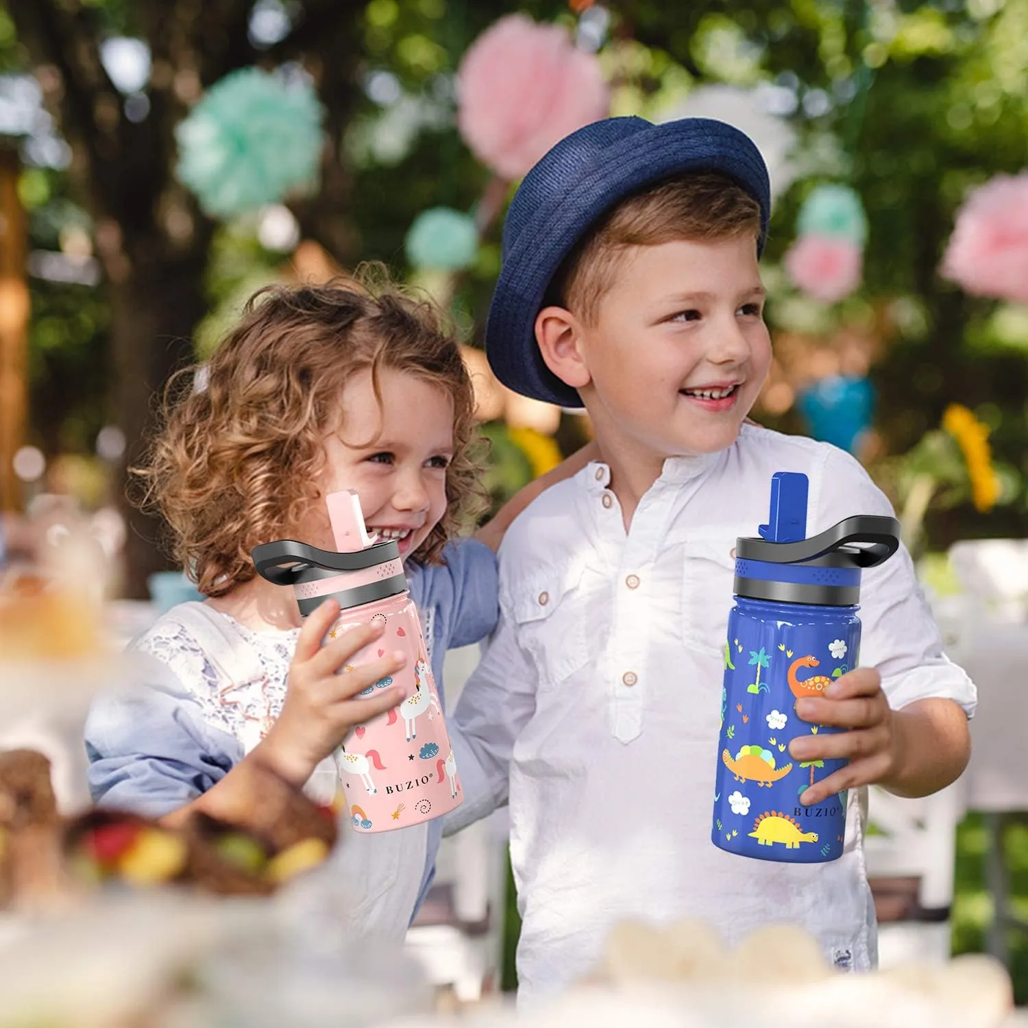 14oz Kids Insulated Water Bottle with 2 Tritan Straw Lids, BUZIO Toddlers Stainless Steel Bottle, Double Walled Wide Mouth Sports Drink Flask Simple Thermo Canteen Cup, with Blue Dinosaur Park