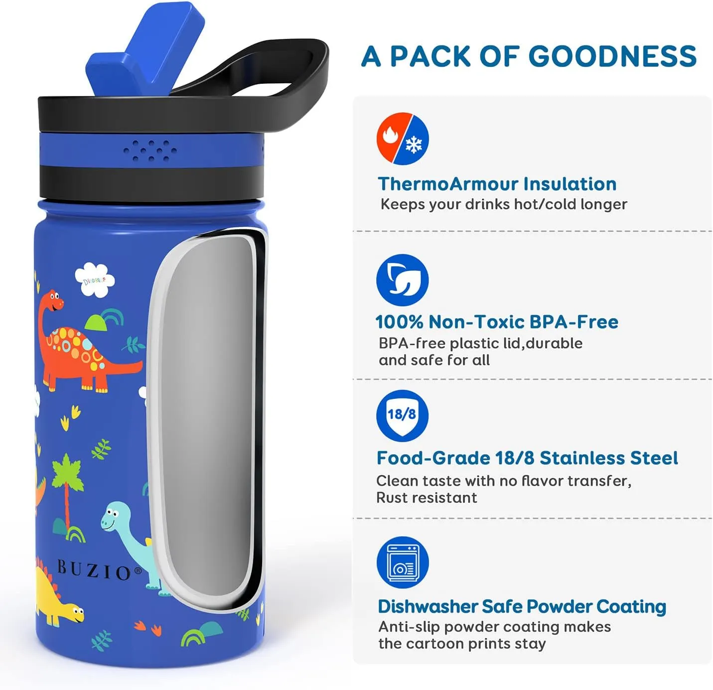 14oz Kids Insulated Water Bottle with 2 Tritan Straw Lids, BUZIO Toddlers Stainless Steel Bottle, Double Walled Wide Mouth Sports Drink Flask Simple Thermo Canteen Cup, with Blue Dinosaur Park