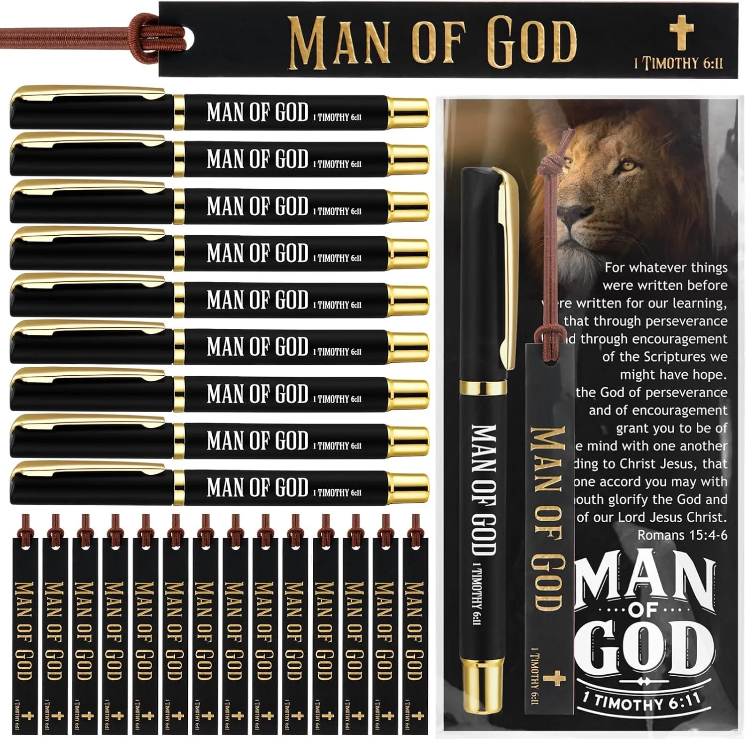 15 Sets Father's Day Bulk for Church Gifts Man of God Pens Leather Bookmarks Inspirational Christian Bible Verse Pens Religious Cards and Gift Bags for Dad Men Church Members Party Favors