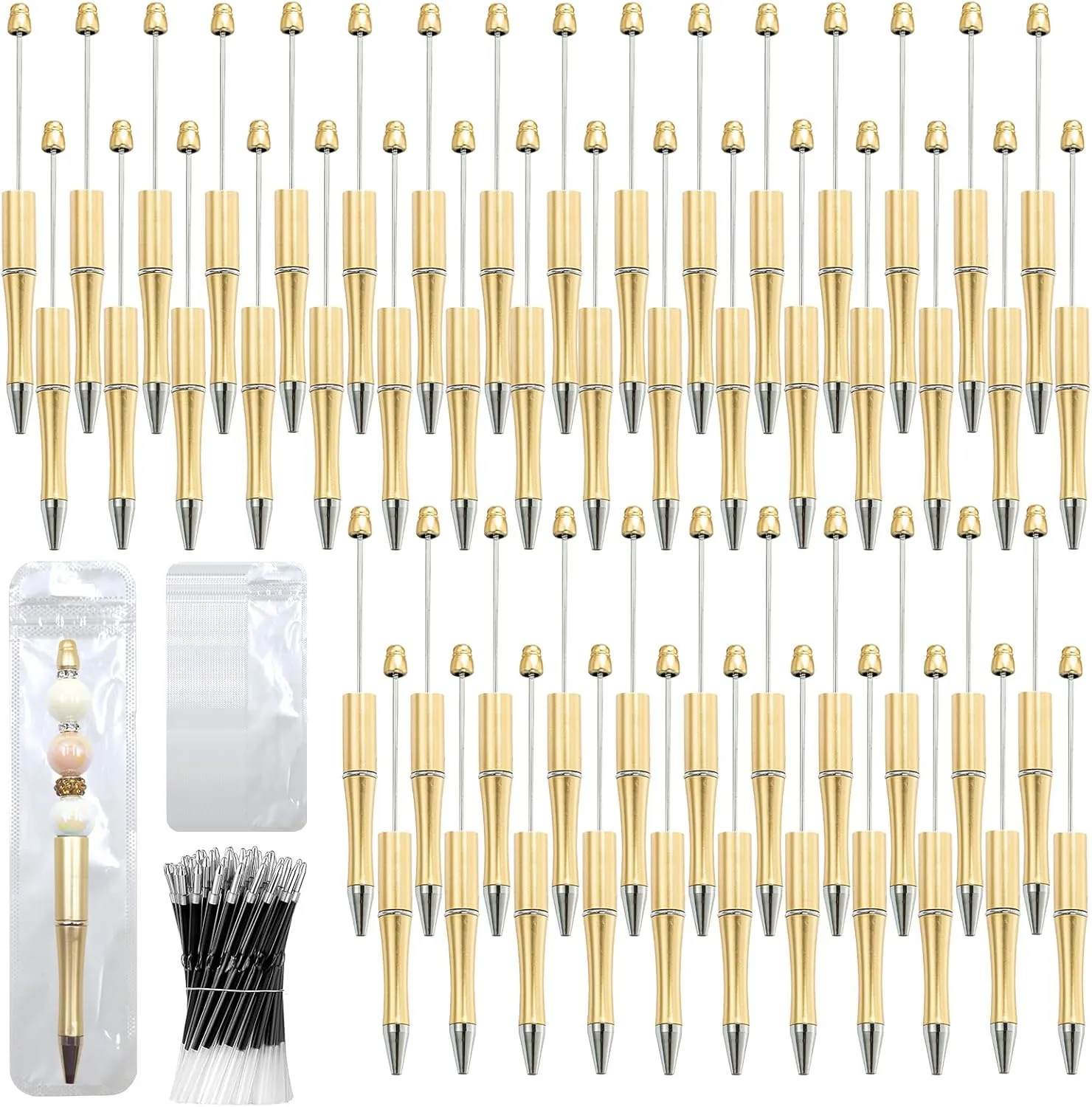 150 Pieces DIY Beadable Pen Kit – 50 Plastic Ballpoint Pens with Refills & Bags – School Supplies, Office Accessories & Decorative Items for Students & Teachers (Gold)