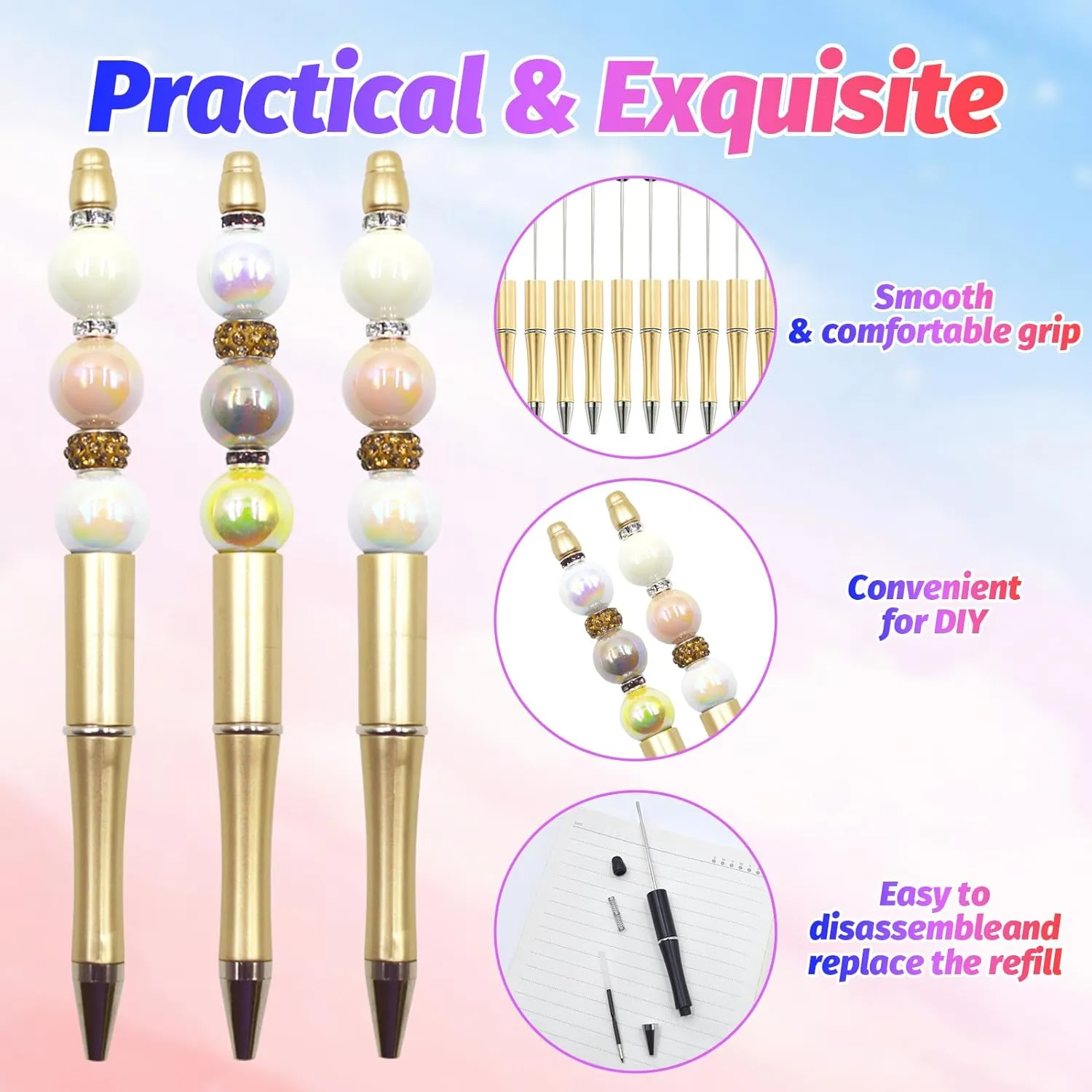 150 Pieces DIY Beadable Pen Kit – 50 Plastic Ballpoint Pens with Refills & Bags – School Supplies, Office Accessories & Decorative Items for Students & Teachers (Gold)