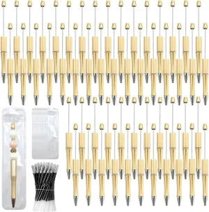 150 Pieces DIY Beadable Pen Kit – 50 Plastic Ballpoint Pens with Refills & Bags – School Supplies, Office Accessories & Decorative Items for Students & Teachers (Gold)