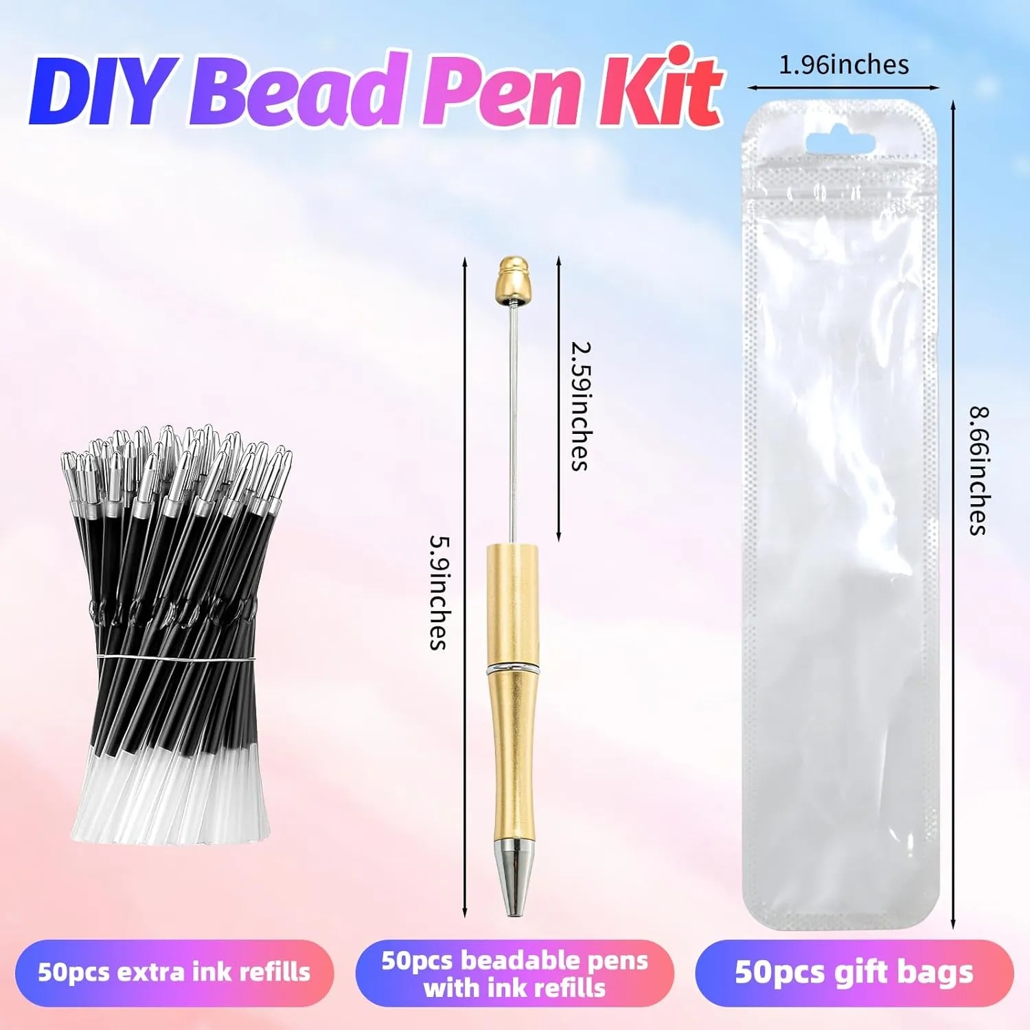 150 Pieces DIY Beadable Pen Kit – 50 Plastic Ballpoint Pens with Refills & Bags – School Supplies, Office Accessories & Decorative Items for Students & Teachers (Gold)