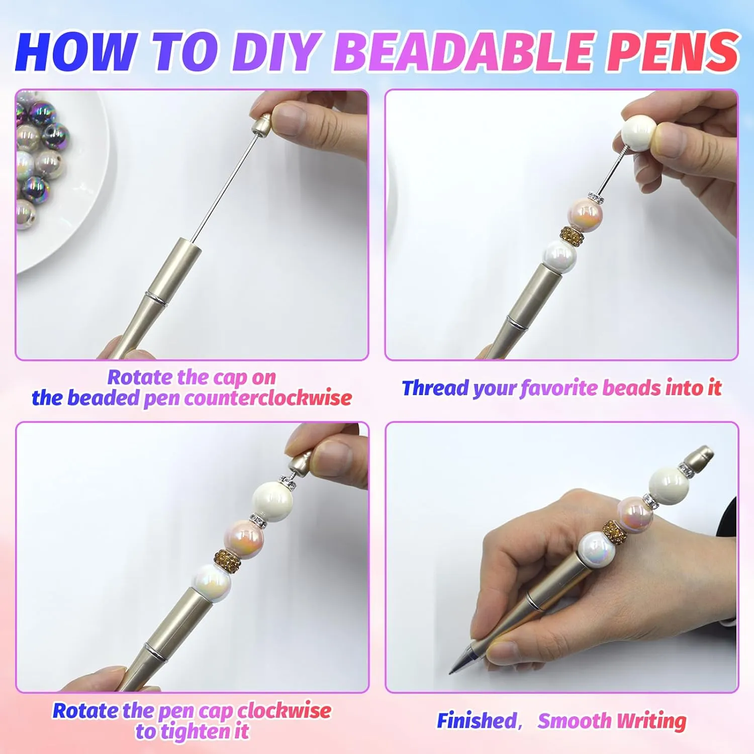 150 Pieces DIY Beadable Pen Kit – 50 Plastic Ballpoint Pens with Refills & Bags – School Supplies, Office Accessories & Decorative Items for Students & Teachers (Gold)
