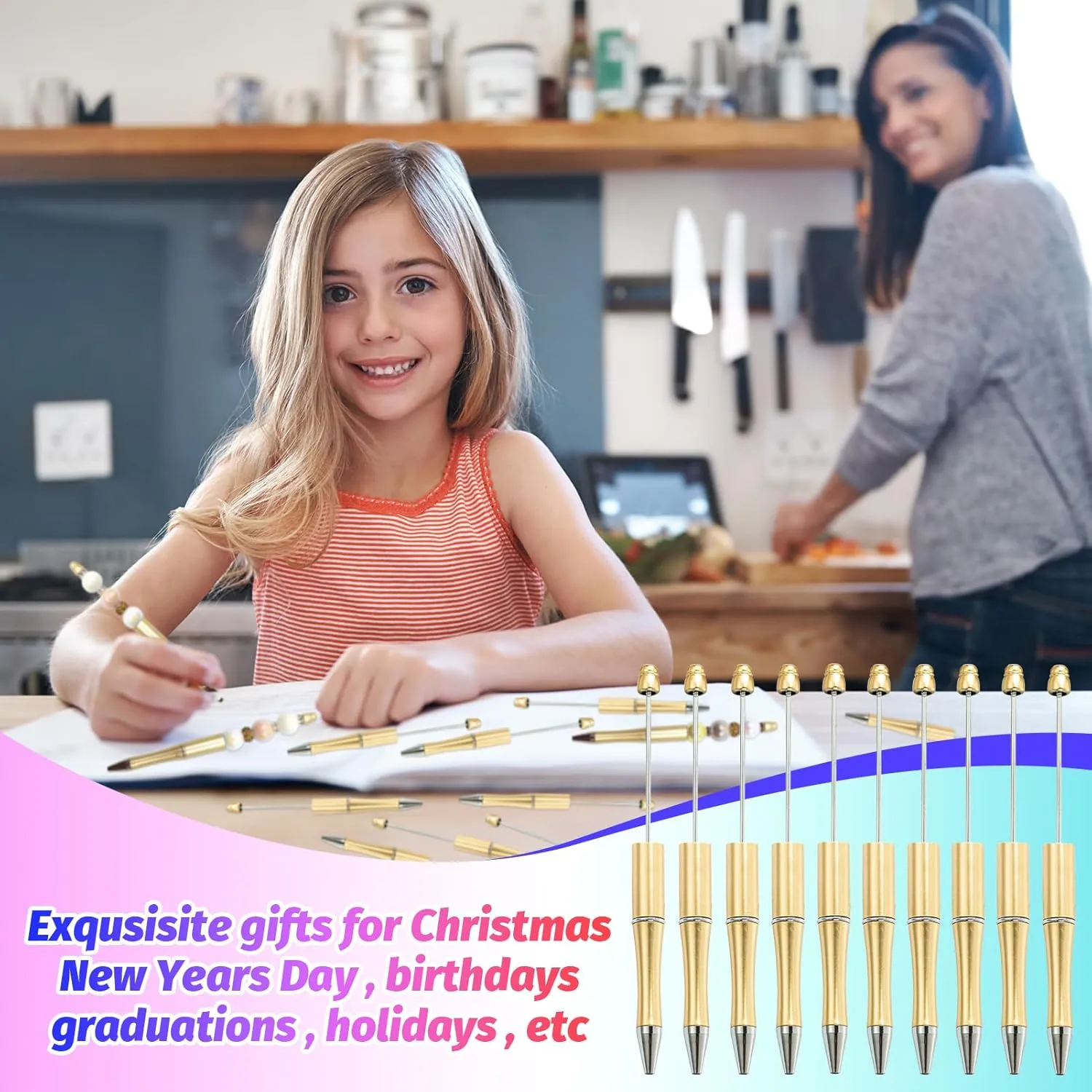 150 Pieces DIY Beadable Pen Kit – 50 Plastic Ballpoint Pens with Refills & Bags – School Supplies, Office Accessories & Decorative Items for Students & Teachers (Gold)