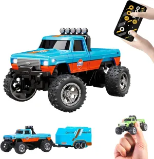 1:64 Mini RC Monster Truck with LED Lights | 2.4GHz Off-Road Remote Control Car | 3 Speed Adjustable, USB Rechargeable Alloy RC Truck for Kids & Adults Indoor/Outdoor Racing (Orange Blue)