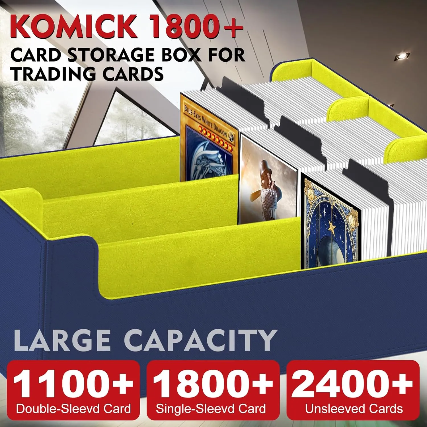 1800  Card Deck Case – PU Leather Trading Card Box Storage MTG Deck Box, Trading Card Box for YuGiOh, Baseball, Magic The Gathering Foundations – Large TCG Storage Deck Box (Blue/Yellow)