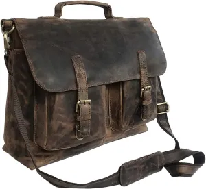 18" Inch Retro Buffalo Hunter Leather Laptop Messenger Bag Office Briefcase College Bag Leather Bag for Men and Women (18" Brown)