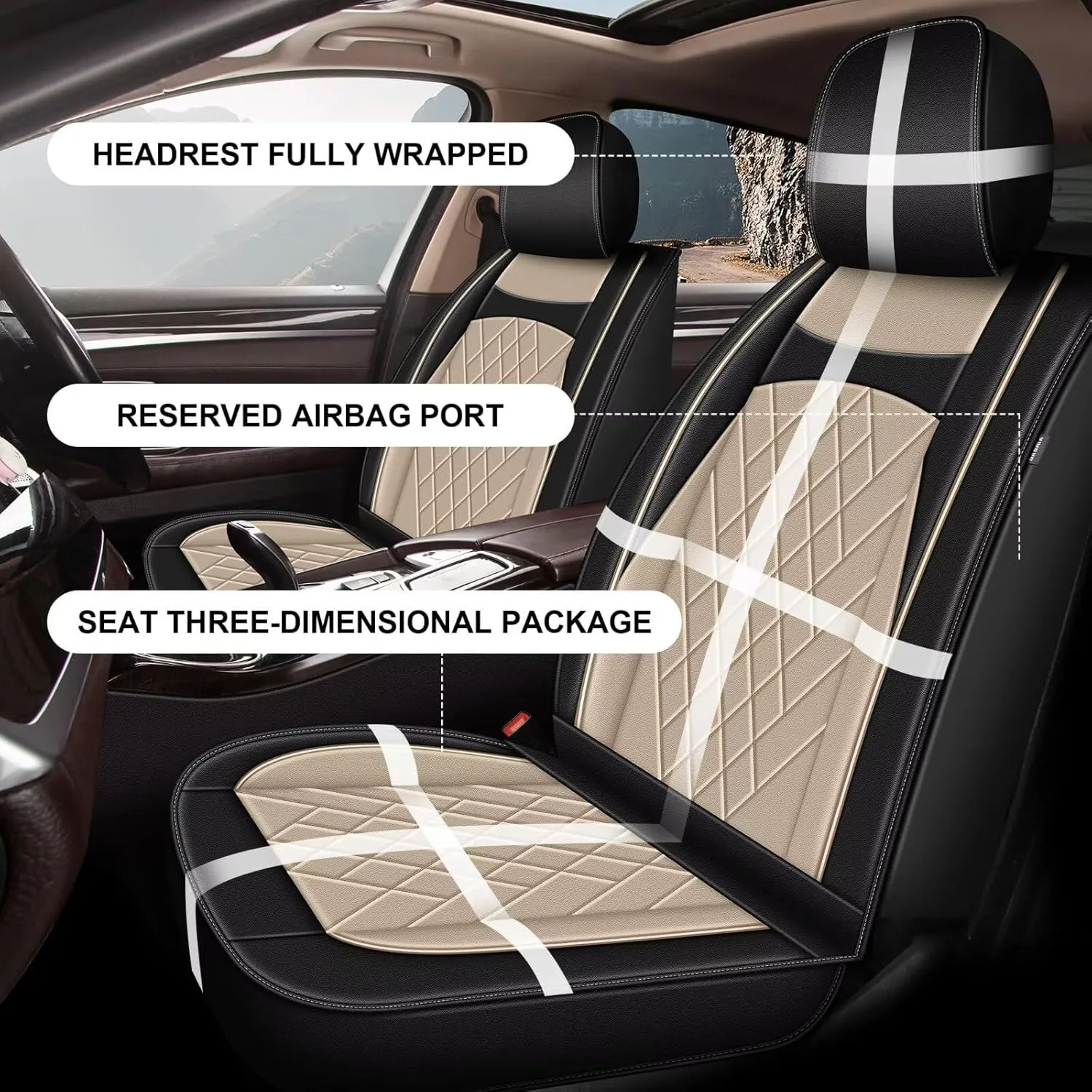 2 Front Seat Covers for Ford Transit Connect 2010-2024 2025 2024 2025: Waterproof Leather Car Seat Cover Compatible with Airbag (2 Front Set, Black & Beige)