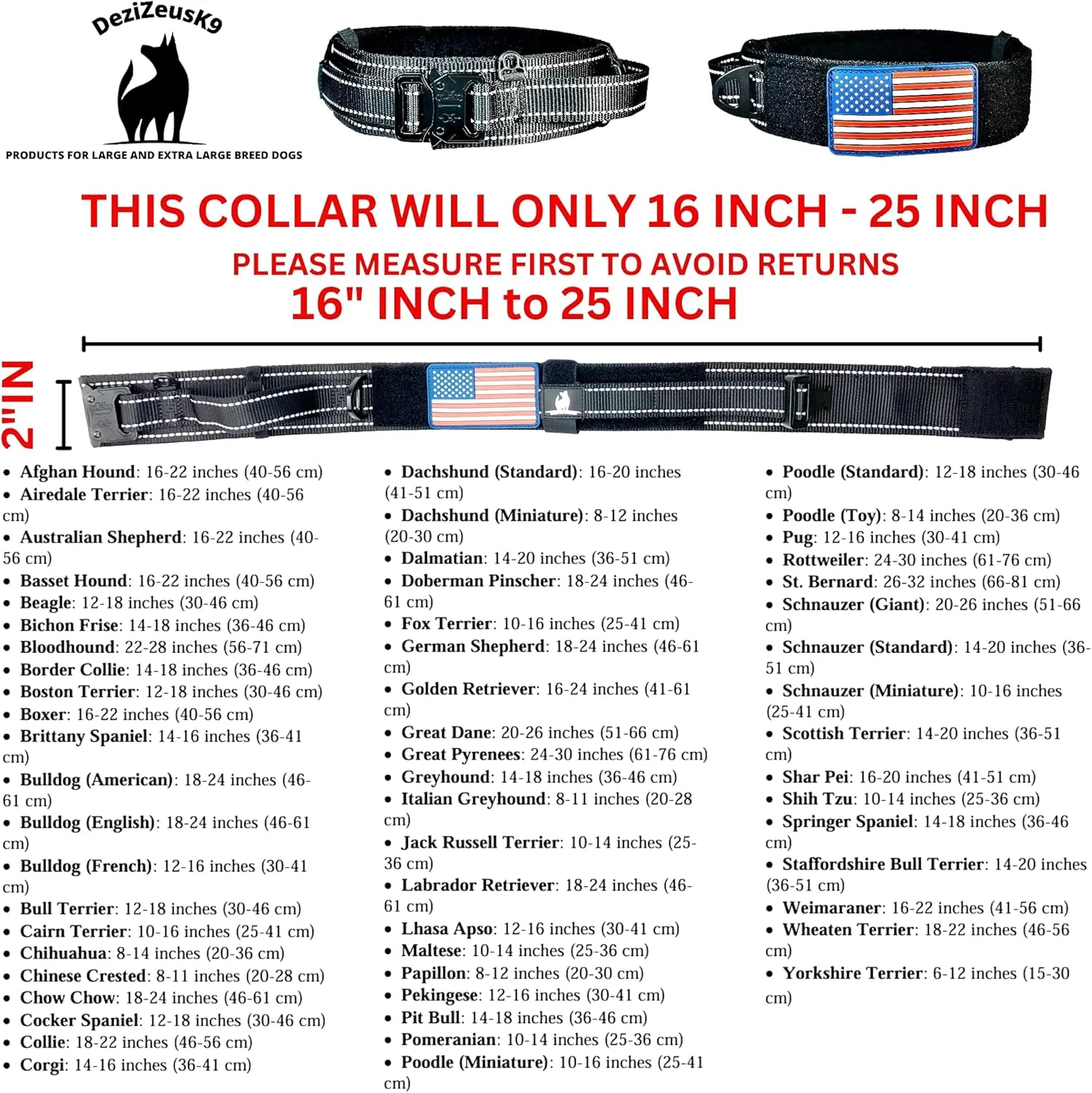 2-Inch Wide Tactical Dog Collar with Control Handle, Adjustable for Medium & Large Dogs, Military Style with Heavy-Duty Metal Buckle, USA Flag Patch & Customizable Name Plate, Training & Everyday Use