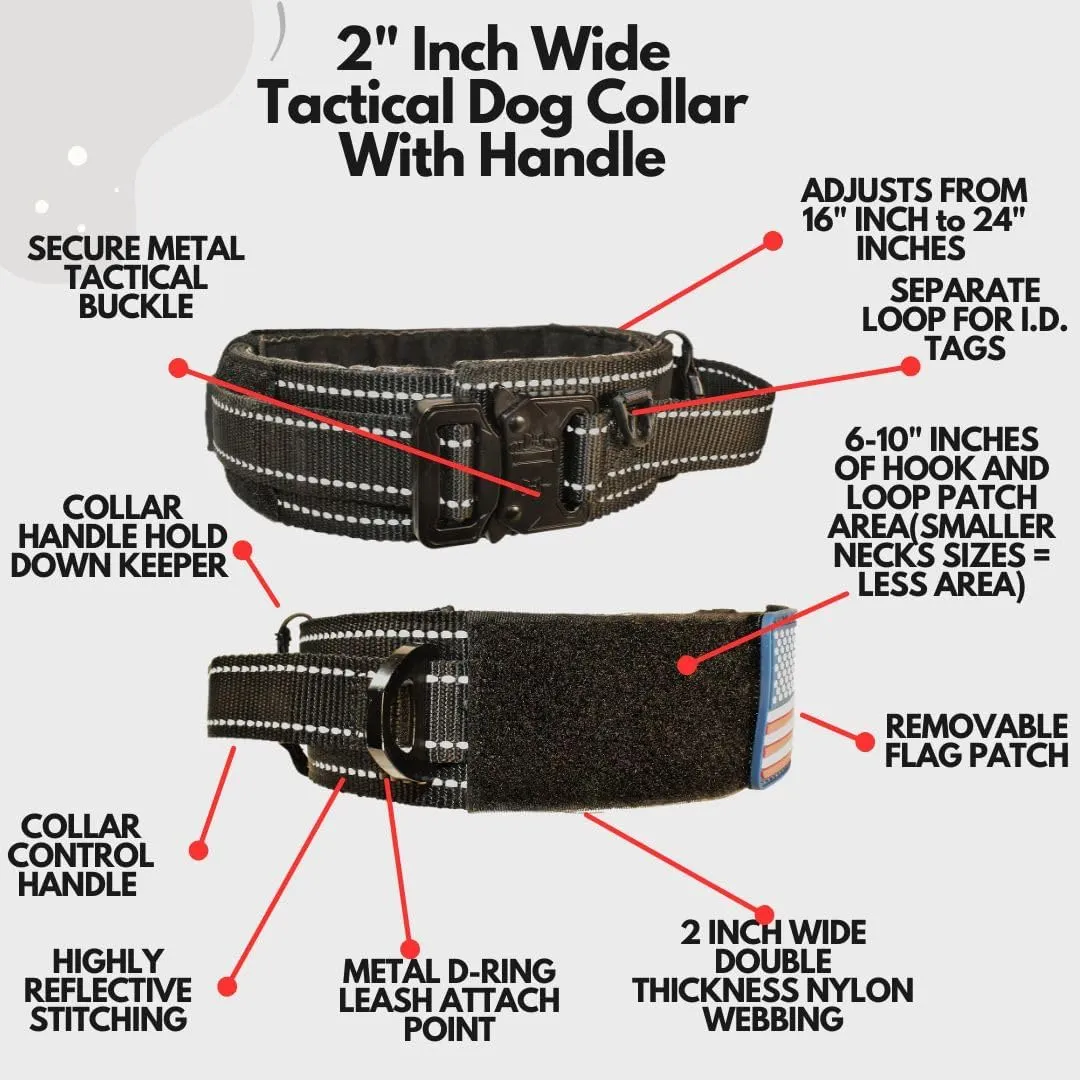 2-Inch Wide Tactical Dog Collar with Control Handle, Adjustable for Medium & Large Dogs, Military Style with Heavy-Duty Metal Buckle, USA Flag Patch & Customizable Name Plate, Training & Everyday Use