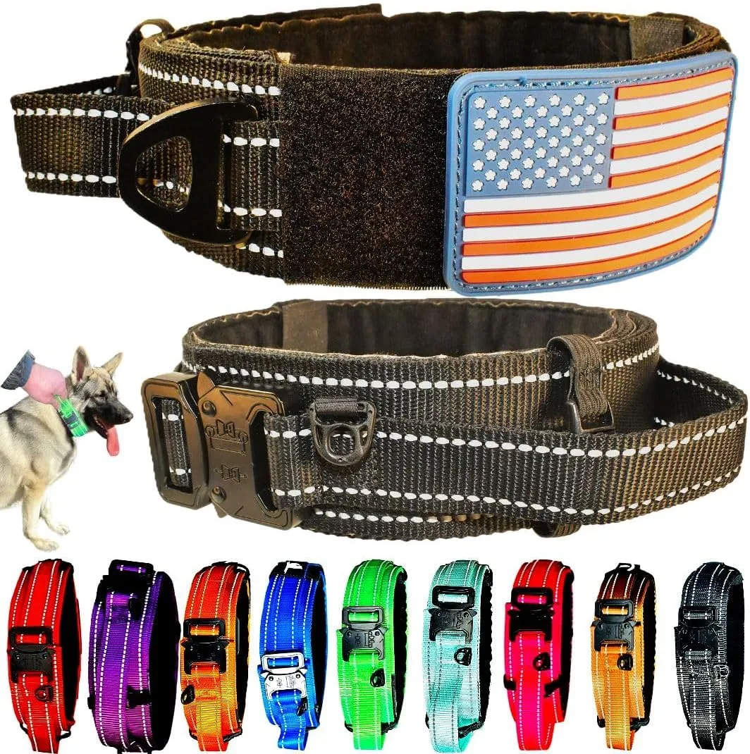 2-Inch Wide Tactical Dog Collar with Control Handle, Adjustable for Medium & Large Dogs, Military Style with Heavy-Duty Metal Buckle, USA Flag Patch & Customizable Name Plate, Training & Everyday Use