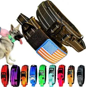 2-Inch Wide Tactical Dog Collar with Control Handle, Adjustable for Medium & Large Dogs, Military Style with Heavy-Duty Metal Buckle, USA Flag Patch & Customizable Name Plate, Training & Everyday Use