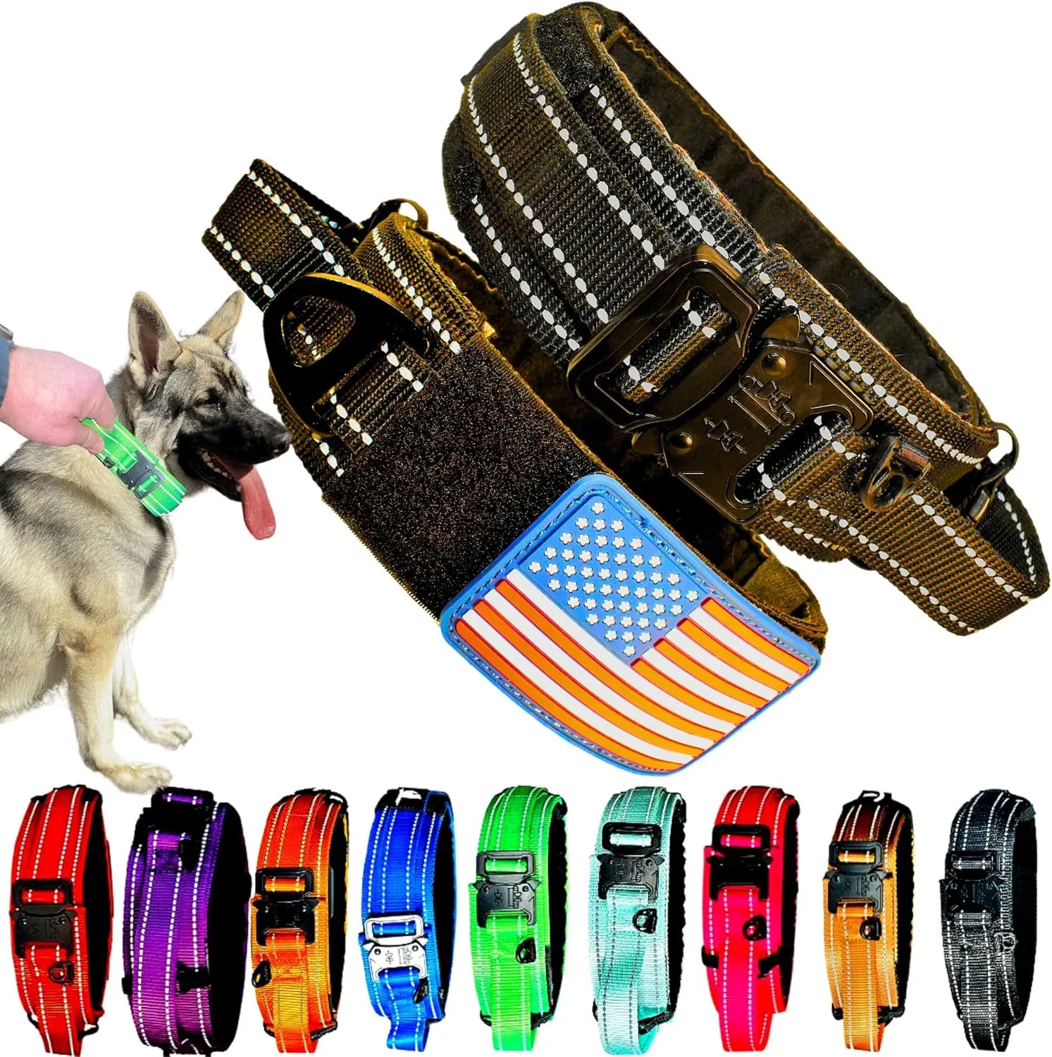 2-Inch Wide Tactical Dog Collar with Control Handle, Adjustable for Medium & Large Dogs, Military Style with Heavy-Duty Metal Buckle, USA Flag Patch & Customizable Name Plate, Training & Everyday Use