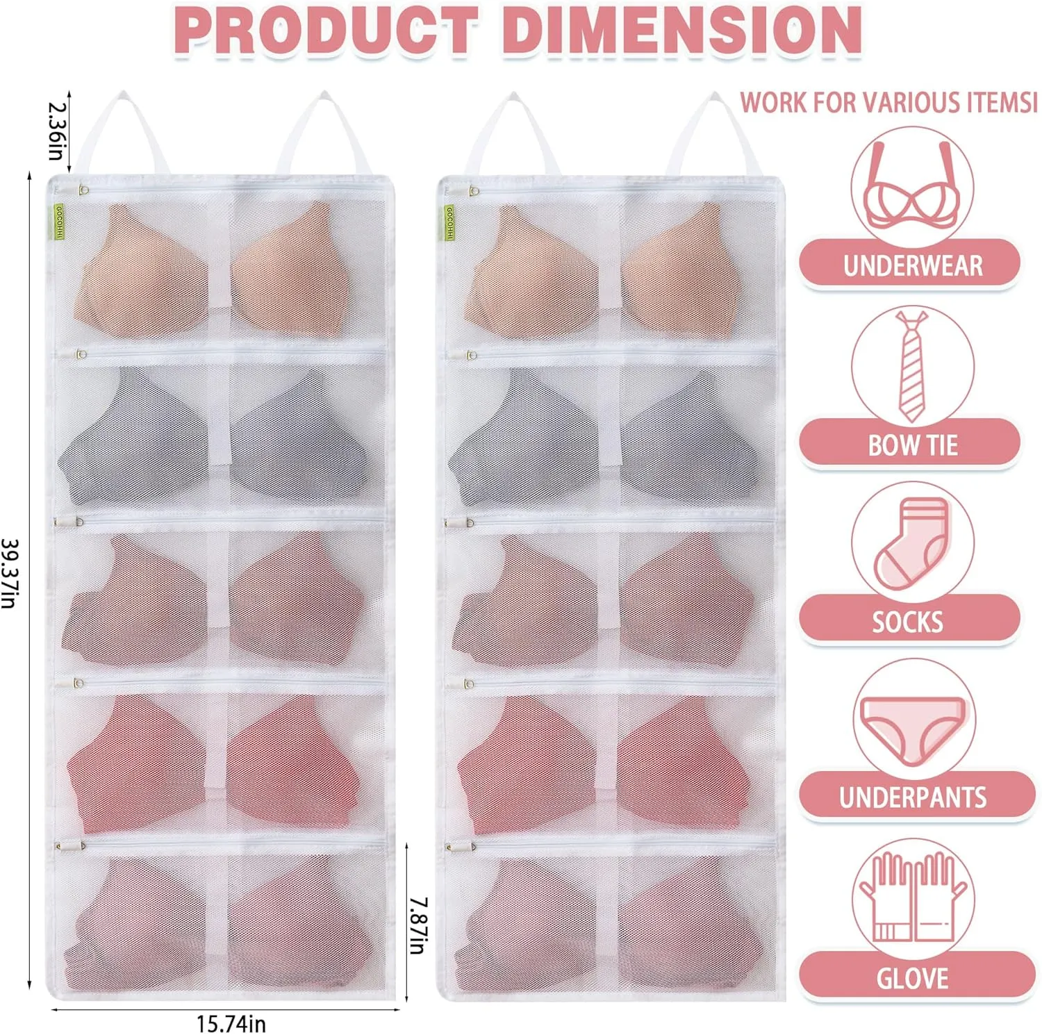 2-Pack Bra Washing Bags, Lingerie Laundry Protector for Delicates, Holds 10 A-C Cup Bras, Zippered Mesh Underwear Wash Bags for Machine, Travel Storage