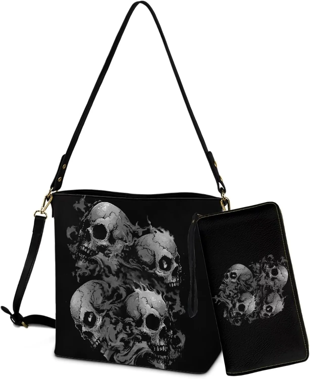 2 Pcs Leather Bucket Handbag Set Large Crossbody Hobo Bag Bucket Tote Bag with Leather Wallet with Adjustable Strap