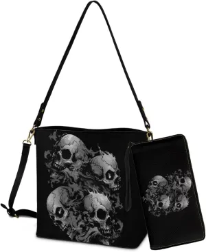 2 Pcs Leather Bucket Handbag Set Large Crossbody Hobo Bag Bucket Tote Bag with Leather Wallet with Adjustable Strap