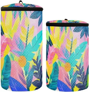 2 Pcs(S   M Size) Mesh Cylinder Laundry Bags Colorful Artistic Leaf Graffiti Polyester Reusable Machine Washable Mesh Bags, Dirty Bag for Home Travel