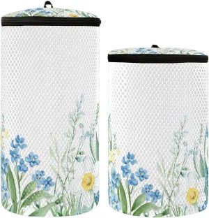 2 Pcs(S   M Size) Mesh Cylinder Laundry Bags Watercolor Flower Beds Polyester Reusable Machine Washable Mesh Bags, Dirty Bag for Home Travel