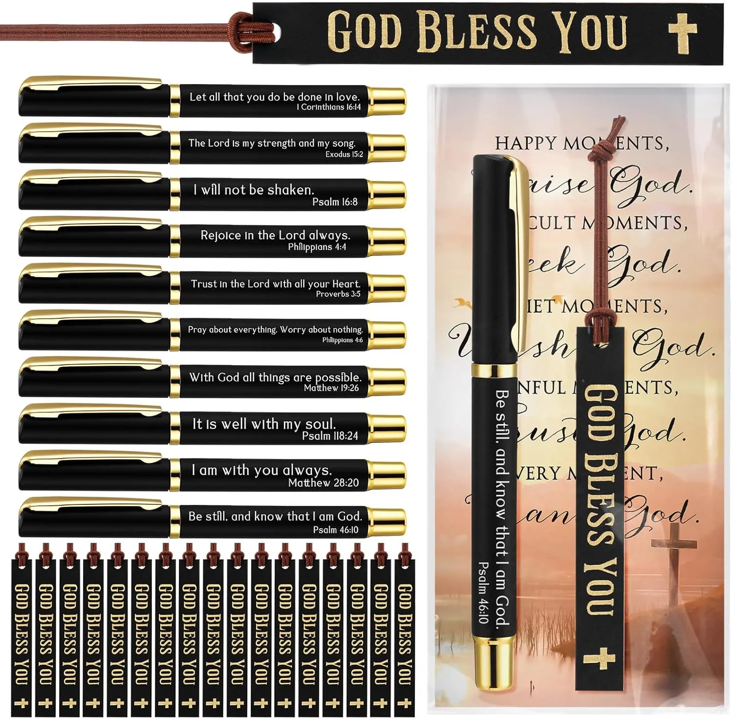 20 Set Father's Day Church Gifts Bulk Included Bible Verse Pens God Bless You Bookmarks Christian Religious Cards with Bags for Men Birthday Sunday School Gift (Black)