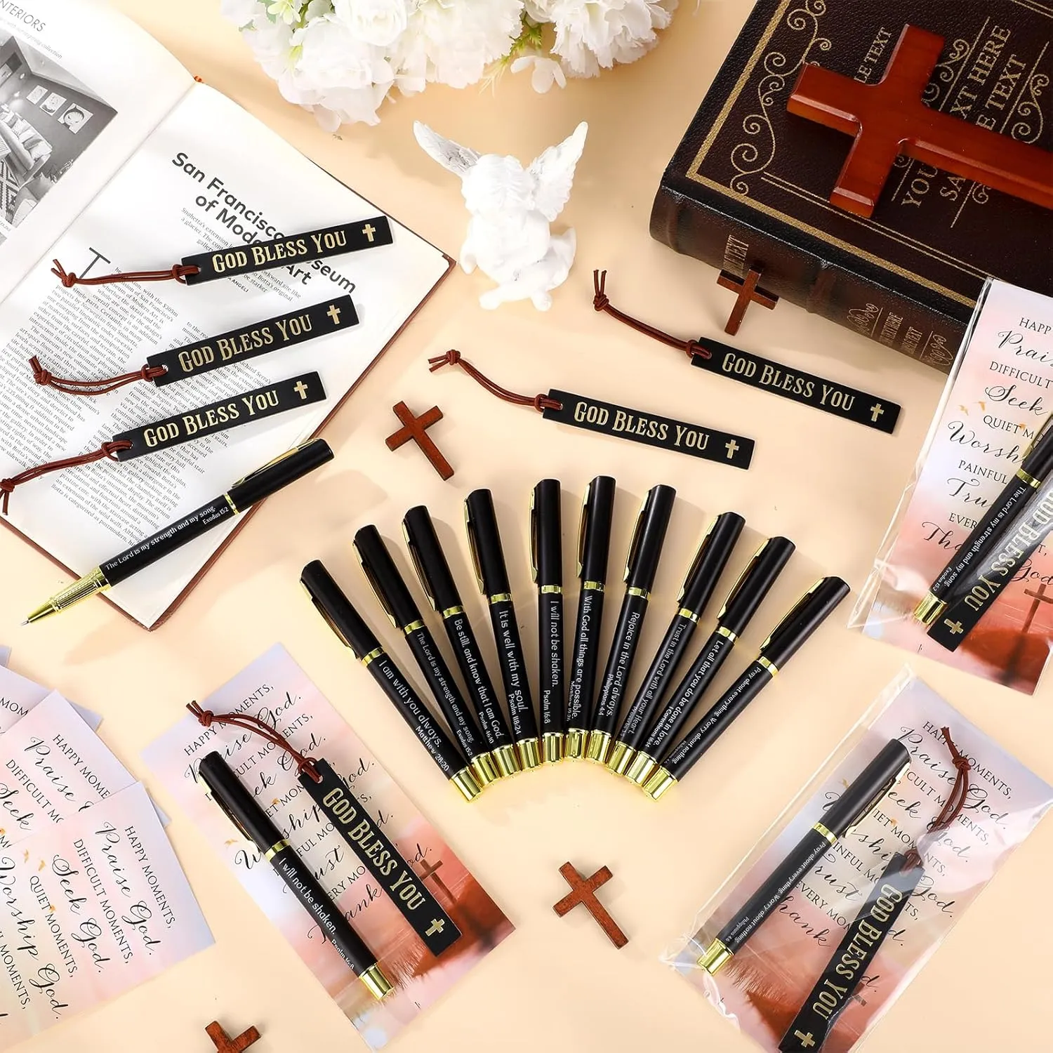 20 Set Father's Day Church Gifts Bulk Included Bible Verse Pens God Bless You Bookmarks Christian Religious Cards with Bags for Men Birthday Sunday School Gift (Black)