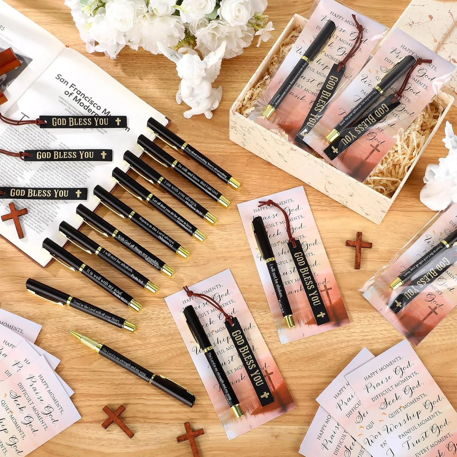 20 Set Father's Day Church Gifts Bulk Included Bible Verse Pens God Bless You Bookmarks Christian Religious Cards with Bags for Men Birthday Sunday School Gift (Black)