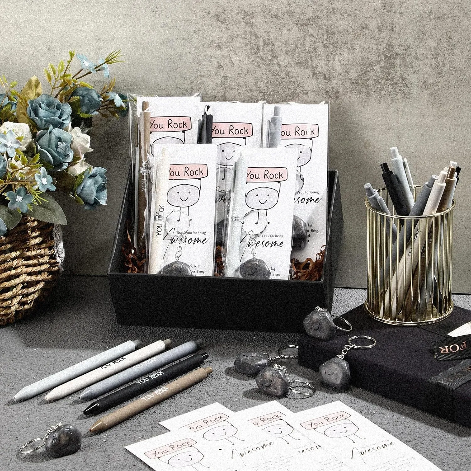 20 Set Motivational You Rock Appreciation Gifts Bulk Inspirational You Rock Ballpoint Pens Stone Keychains Cards Positive Affirmation Graduation Gift for Student Teacher Employee Team Staff