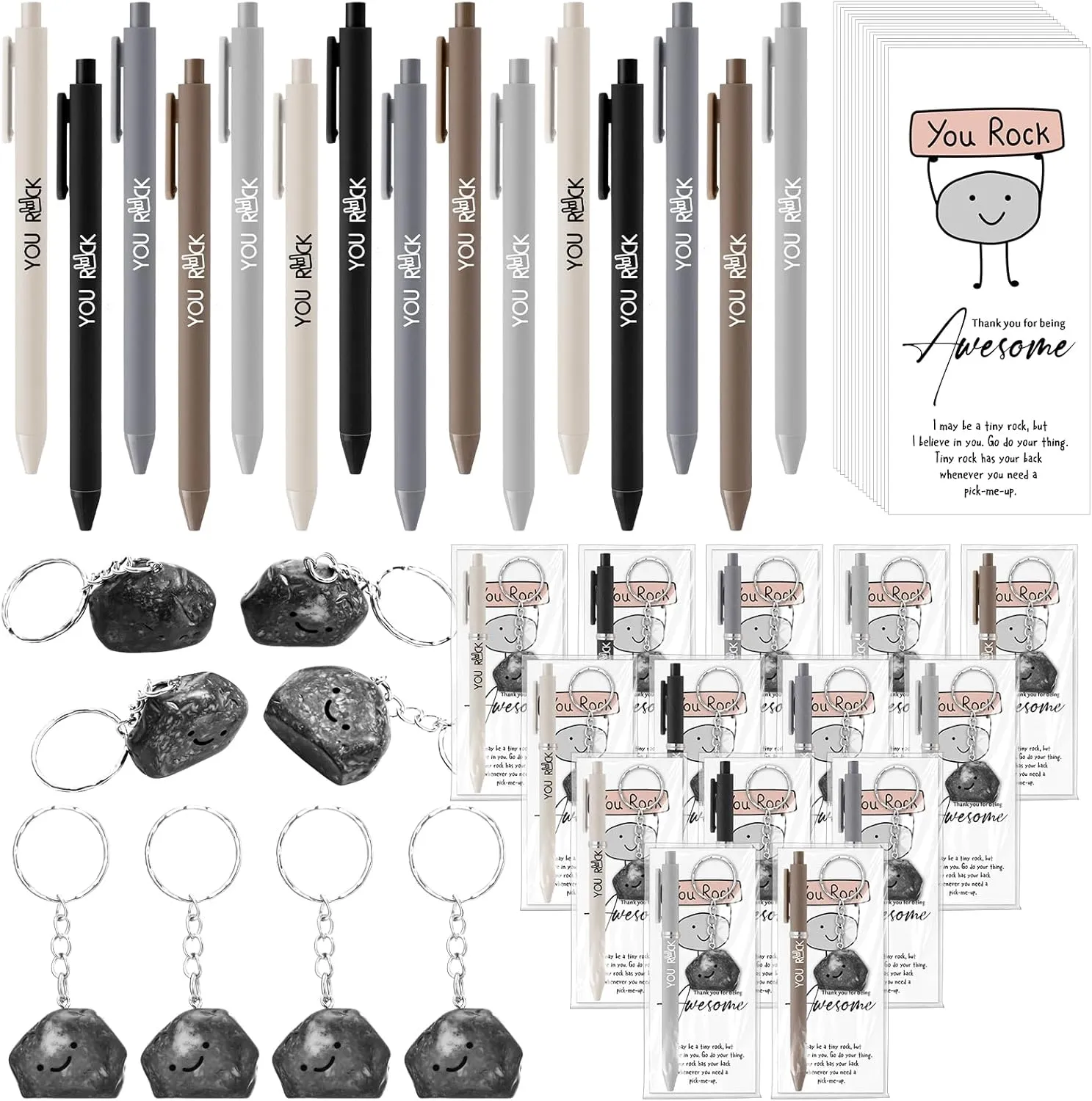20 Set Motivational You Rock Appreciation Gifts Bulk Inspirational You Rock Ballpoint Pens Stone Keychains Cards Positive Affirmation Graduation Gift for Student Teacher Employee Team Staff