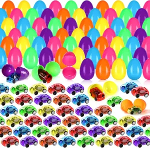 200 Pcs Filled Easter Eggs with Mini Pull Back Cars Include 100 Pcs Mini Pull Back Cars and 100 Pcs Colorful Easter Egg Cars Toy Vehicles for Easter Basket Stuffers Easter Eggs Hunt and Party Favors