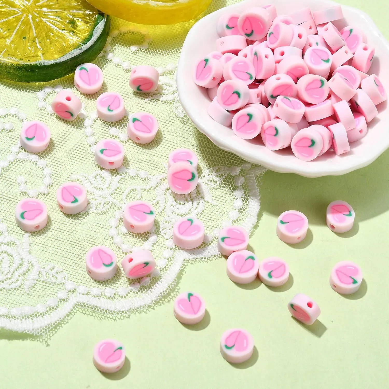 200 Pcs Polymer Clay Pink Peach Beads Flat Round Polymer Clay Beads Clay Fruit Loose Beads Handmade Food Spacer Beads for Pen Bag Chain Jewelry Making