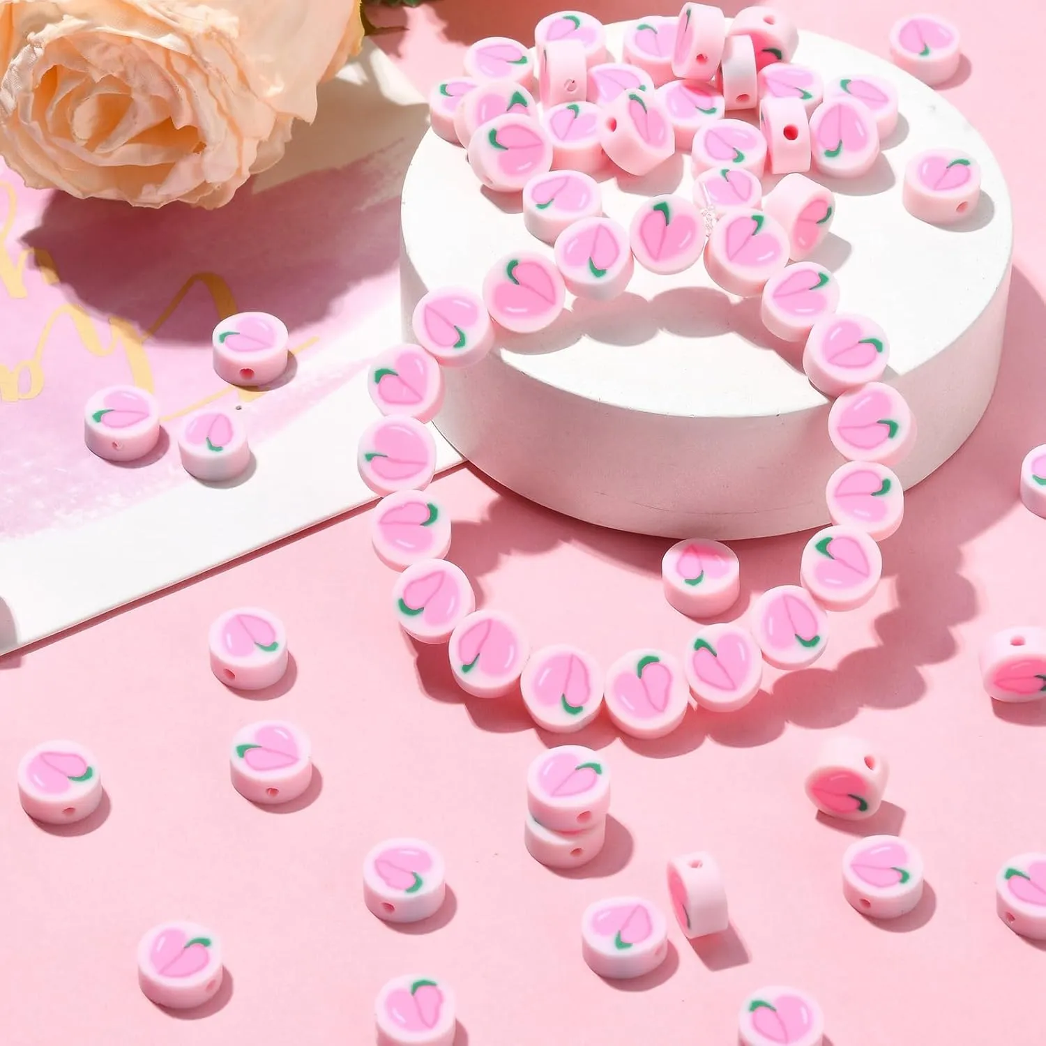 200 Pcs Polymer Clay Pink Peach Beads Flat Round Polymer Clay Beads Clay Fruit Loose Beads Handmade Food Spacer Beads for Pen Bag Chain Jewelry Making