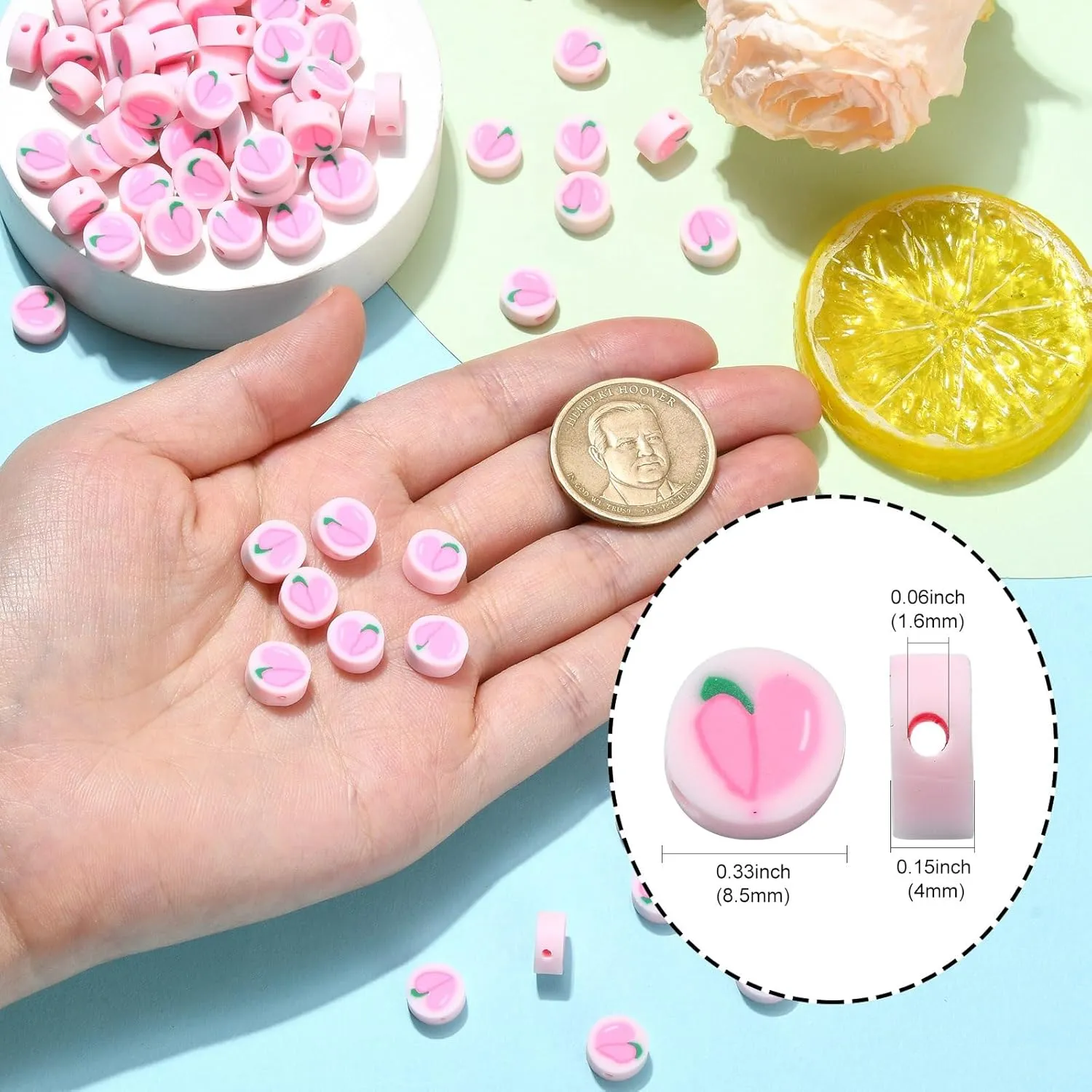 200 Pcs Polymer Clay Pink Peach Beads Flat Round Polymer Clay Beads Clay Fruit Loose Beads Handmade Food Spacer Beads for Pen Bag Chain Jewelry Making