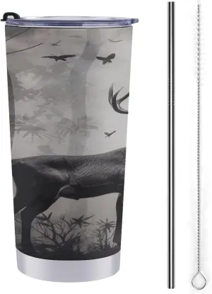 20oz BPA-Free 304 Stainless Steel Double Wall Insulated Travel Mug Hunting Silhouette of Deer Printed with Leak-Proof Lid & Straw, Car Cup Holder Friendly Coffee Tumbler for Hot/Cold Drinks